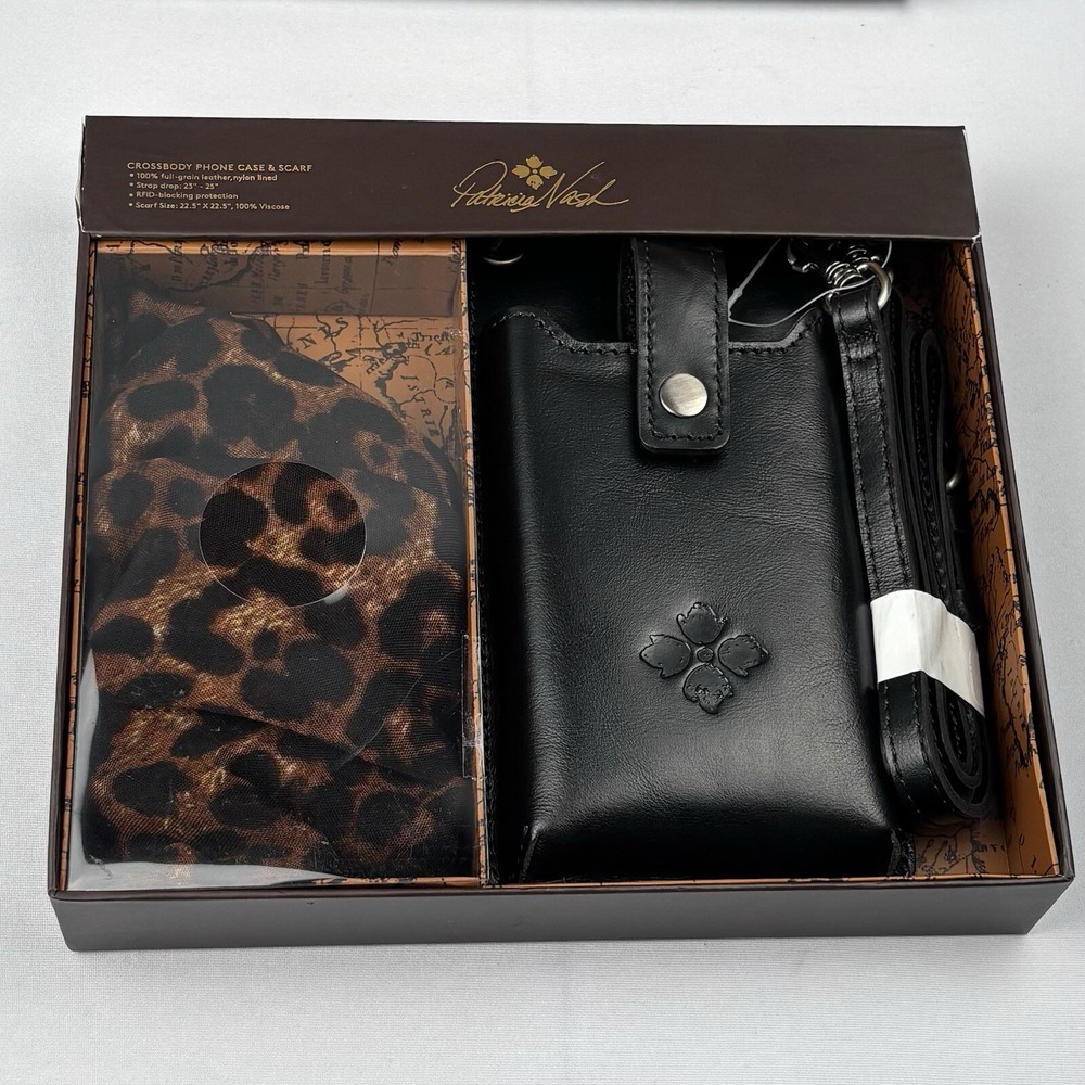 Patricia Nash Farleigh Crossbody Phone Case and Scarf Boxed Set Black/Leopard